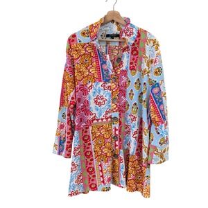 Caleesa Womens 2X Patchwork Floral Button Up Tunic Art to Wear Texture Artsy Top